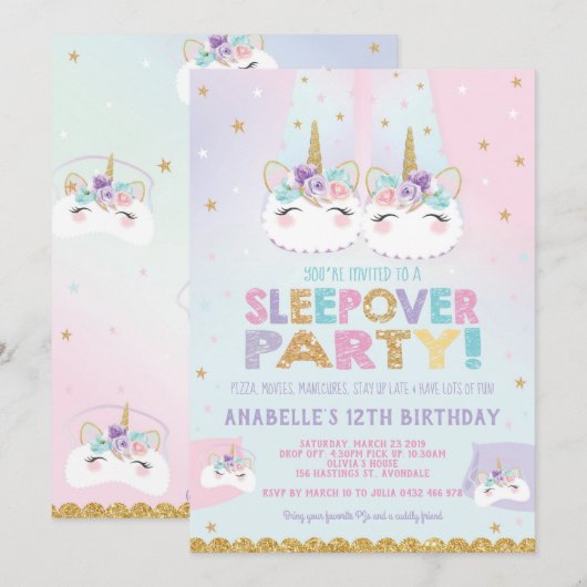 Rainbow Unicorn Sleepover verjaardagsfeestje Kaart (Voorkant / Achterkant)