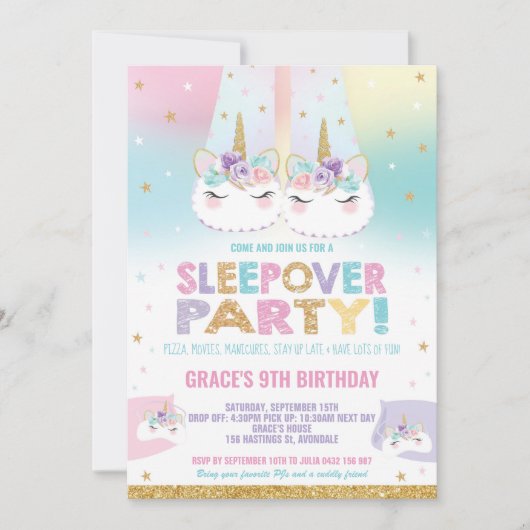 Rainbow Unicorn Sleepover Verjaardagsfeestje Panam Kaart (Voorkant)