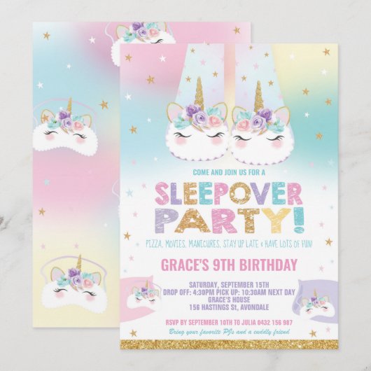 Rainbow Unicorn Sleepover Verjaardagsfeestje Panam Kaart (Voorkant / Achterkant)