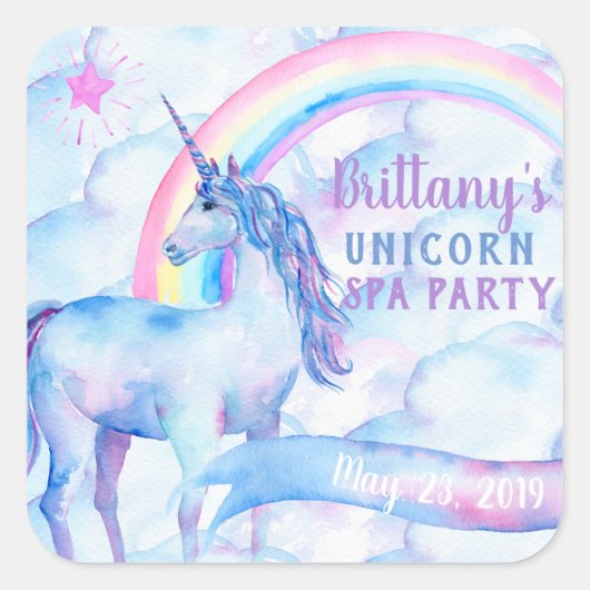 Rainbow Unicorn Spa Verjaardagsfeest Vierkante Sticker (Voorkant)