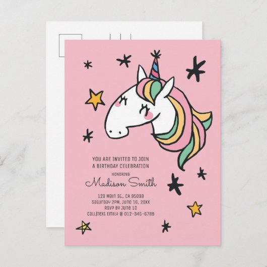 Rainbow Unicorn Stars Birthday Uitnodiging (Voorkant / Achterkant)