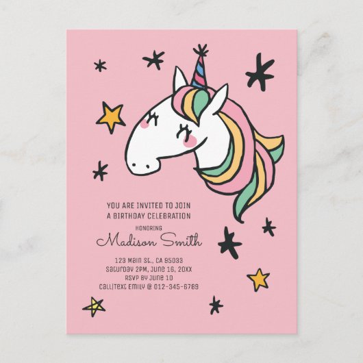Rainbow Unicorn Stars Birthday Uitnodiging (Voorkant)