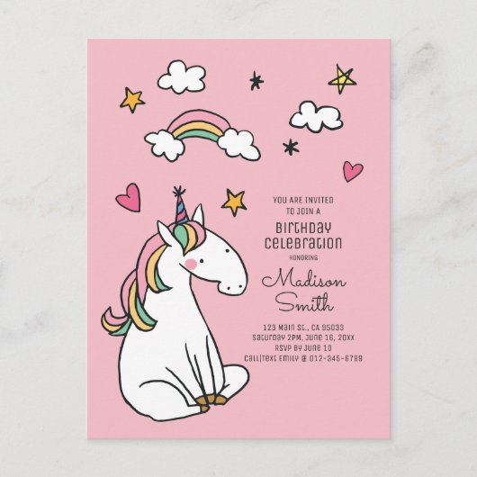 Rainbow Unicorn Stars Hearts Birthday Invitation Uitnodiging Briefkaart (Voorkant)