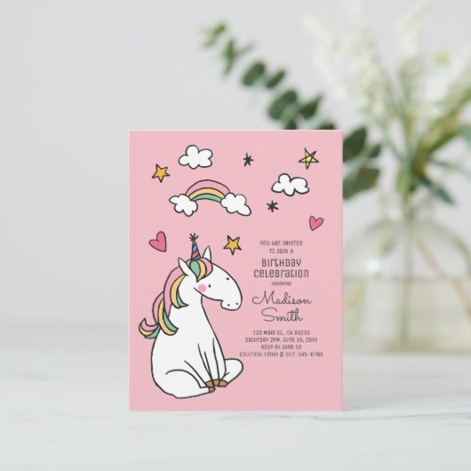 Rainbow Unicorn Stars Hearts Birthday Invitation Uitnodiging Briefkaart (Staand voorkant)