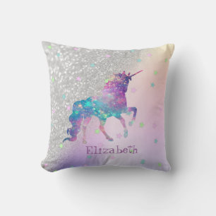 Rainbow Unicorn, Stars, Silver Glitter Bokeh Kussen