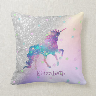 Rainbow Unicorn, Stars, Silver Glitter Bokeh Kussen