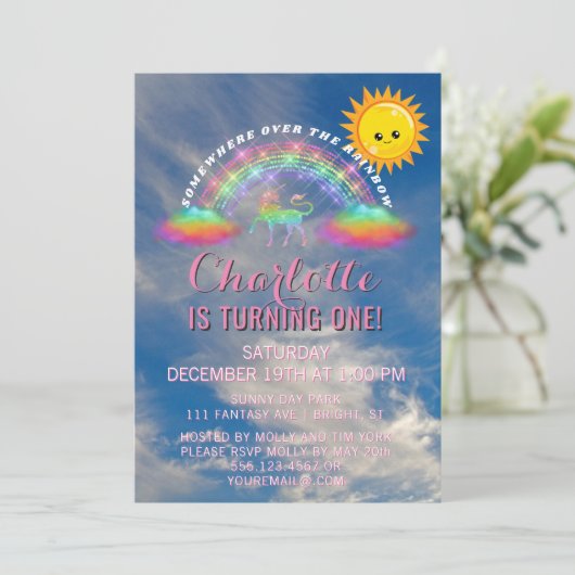 Rainbow Unicorn Sun Clouds 1e verjaardagsfeest Kaart (Staand voorkant)