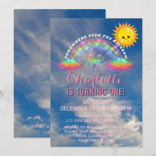 Rainbow Unicorn Sun Clouds 1e verjaardagsfeest Kaart