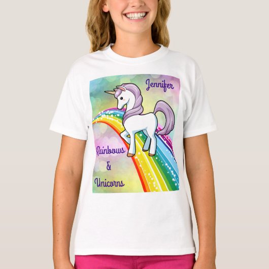 Rainbow & Unicorn T-Shirt Girls Shirt personaliser (Voorkant)