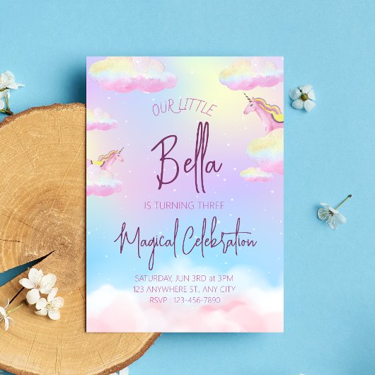 Rainbow Unicorn Third Birthday Party Invitation Kaart