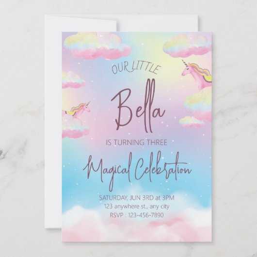 Rainbow Unicorn Third Birthday Party Invitation Kaart (Voorkant)