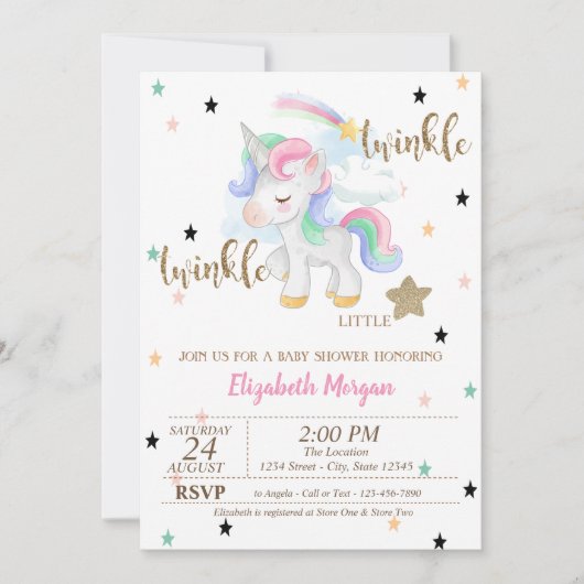 Rainbow Unicorn, Twinkle Little Star-Baby shower Kaart (Voorkant)
