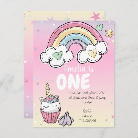 Rainbow Unicorn Uitnodiging Briefkaart (Voorkant / Achterkant)