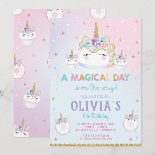 Rainbow Unicorn Verjaardag Cake Uitnodiging Cupcak (Voorkant / Achterkant)