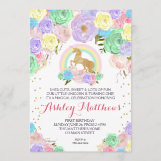 Rainbow Unicorn verjaardag EERSTE Bloemenuitnodigi Kaart
