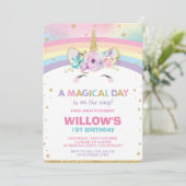 Rainbow Unicorn Verjaardag Uitnodiging 1e Verjaard (Staand voorkant)