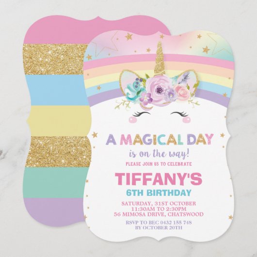 Rainbow Unicorn Verjaardag Uitnodiging 1e Verjaard (Voorkant / Achterkant)