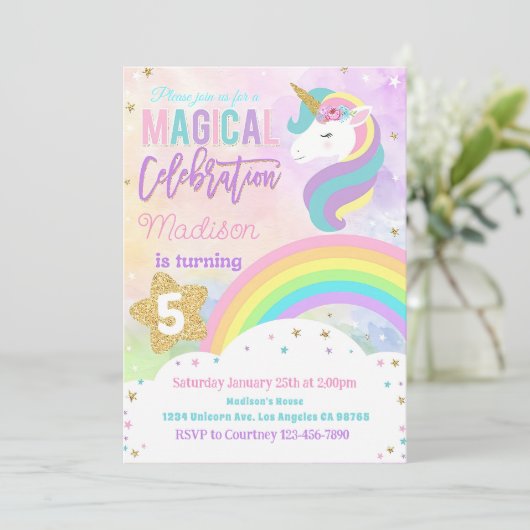 RAINBOW UNICORN Verjaardag Uitnodiging Bewerkbaar (Staand voorkant)