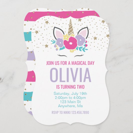 Rainbow Unicorn Verjaardag Uitnodiging Roze en Gou (Voorkant / Achterkant)