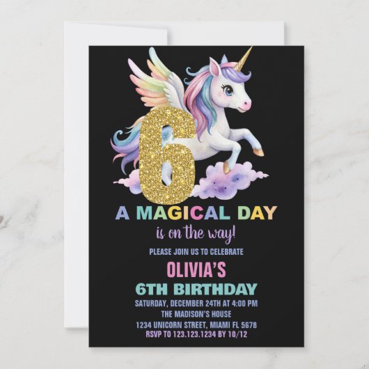 Rainbow Unicorn Verjaardag Uitnodigingen Vliegen (Voorkant)