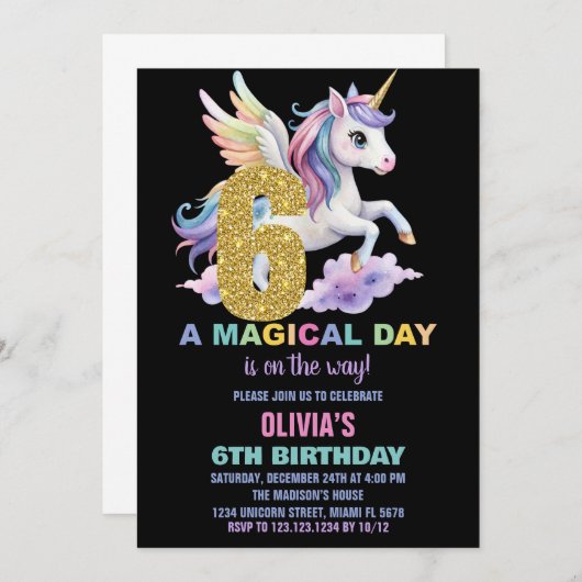 Rainbow Unicorn Verjaardag Uitnodigingen Vliegen (Voorkant / Achterkant)