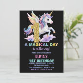 Rainbow Unicorn Verjaardag Uitnodigingen Vliegen (Staand voorkant)