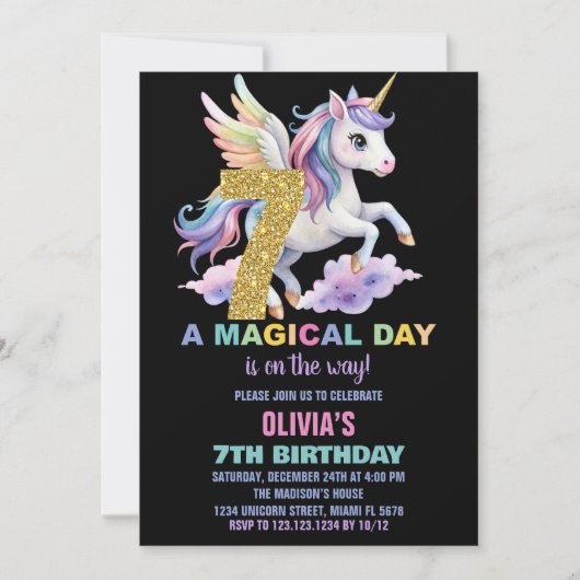 Rainbow Unicorn Verjaardag Uitnodigingen Vliegen (Voorkant)