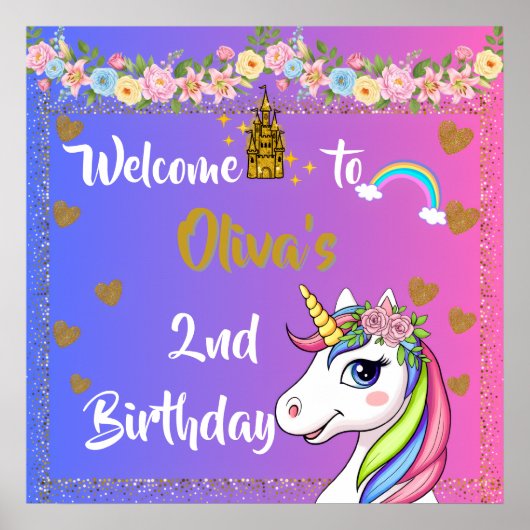 Rainbow Unicorn Verjaardag Welkom Poster (Voorkant)