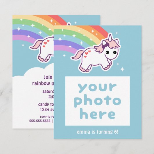 Rainbow Unicorn Verjaardagsfeest Fotouitnodigingen Kaart (Voorkant / Achterkant)
