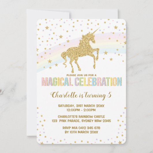 Rainbow Unicorn Verjaardagsfeest Nodig Twinkle Sta Kaart (Voorkant)