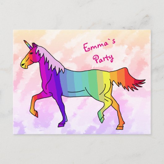 Rainbow Unicorn verjaardagsfeestje uitnodigen Uitnodiging Briefkaart (Voorkant)