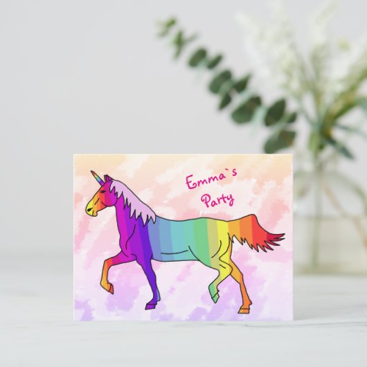 Rainbow Unicorn verjaardagsfeestje uitnodigen Uitnodiging Briefkaart (Staand voorkant)