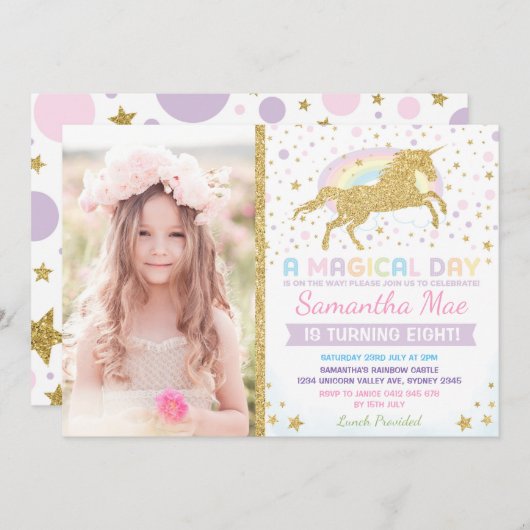 Rainbow Unicorn Verjaardagsuitnodiging Confetti St Kaart (Voorkant / Achterkant)
