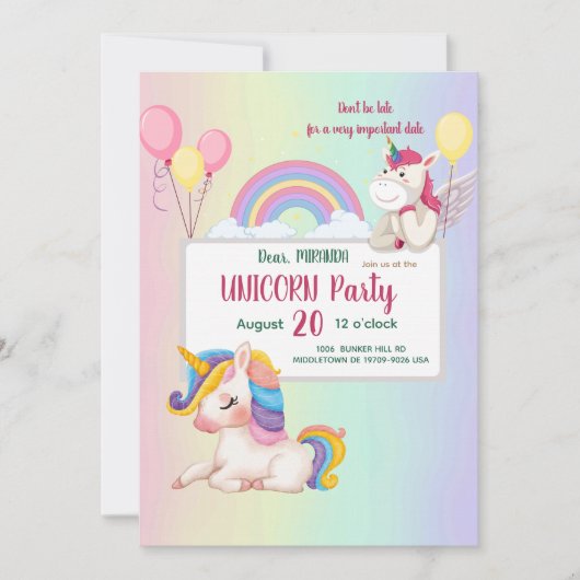Rainbow unicorn verjaardagsuitnodiging kaart (Voorkant)
