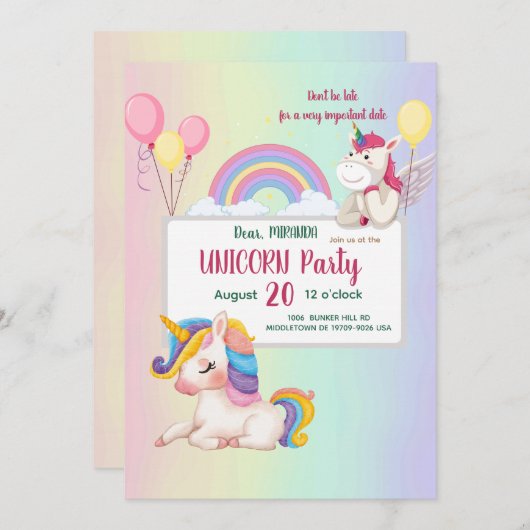 Rainbow unicorn verjaardagsuitnodiging kaart (Voorkant / Achterkant)