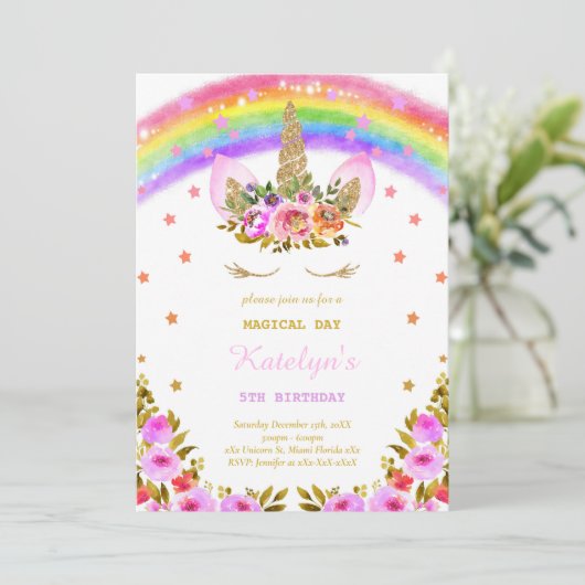 Rainbow Unicorn verjaardagsuitnodiging Kaart (Staand voorkant)