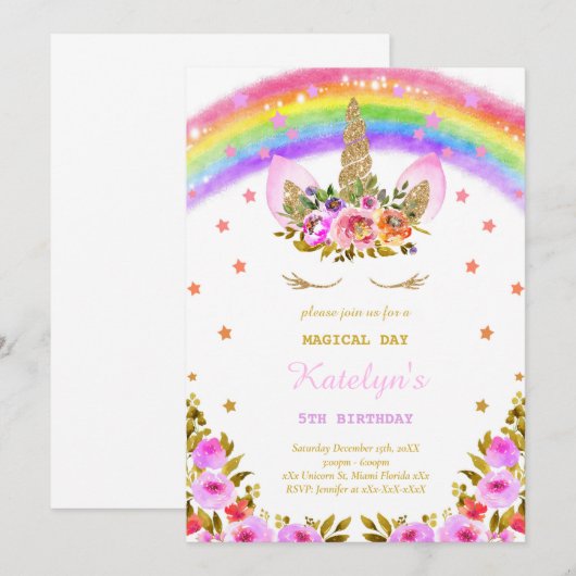 Rainbow Unicorn verjaardagsuitnodiging Kaart (Voorkant / Achterkant)
