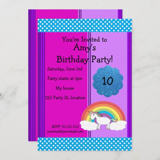 Rainbow unicorn verjaardagsuitnodiging kaart (Voorkant / Achterkant)