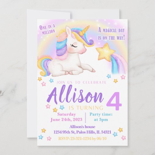 Rainbow unicorn verjaardagsuitnodiging waterverf kaart (Voorkant)