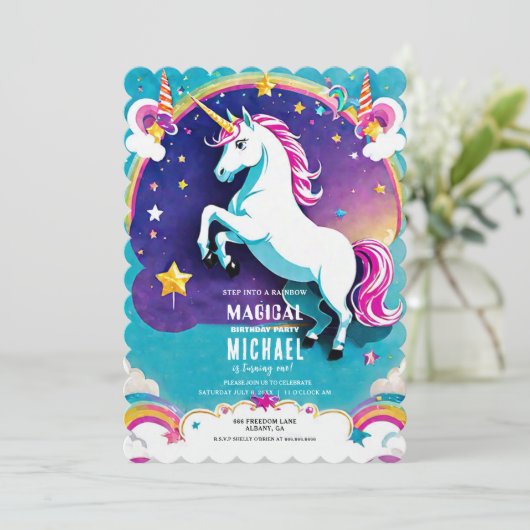 Rainbow Unicorn verjaardagsuitnodigingen - magisch Kaart (Staand voorkant)
