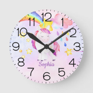 Rainbow Unicorn Watercolor Personalized Cute Ronde Klok