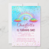 Rainbow Unicorn Waterverf 1e verjaardagsfeest Kaart (Voorkant)