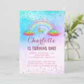 Rainbow Unicorn Waterverf 1e verjaardagsfeest Kaart (Staand voorkant)