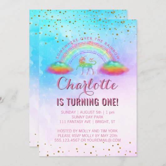 Rainbow Unicorn Waterverf 1e verjaardagsfeest Kaart (Voorkant / Achterkant)