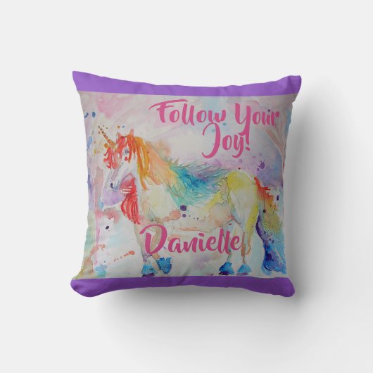 Rainbow Unicorn Waterverf Childs Name Cushion Kussen (Voorkant)