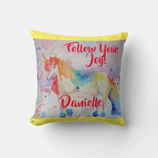 Rainbow Unicorn Waterverf Childs Name Cushion Kussen (Voorkant)