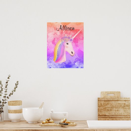 Rainbow Unicorn Waterverf Girls gepersonaliseerd Poster (Keuken)