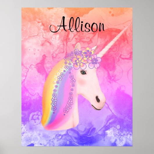 Rainbow Unicorn Waterverf Girls gepersonaliseerd Poster (Voorkant)