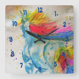 Rainbow Unicorn Waterverf Girls Nursery Clock Vierkante Klok
