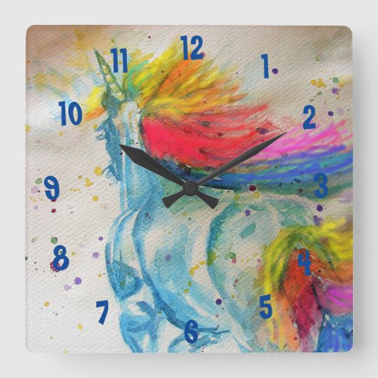 Rainbow Unicorn Waterverf Girls Nursery Clock Vierkante Klok (Voorkant)
